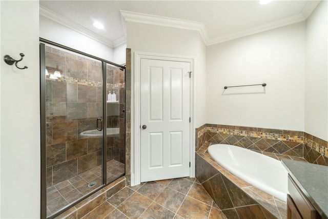 bathroom featuring crown molding and independent shower and bath