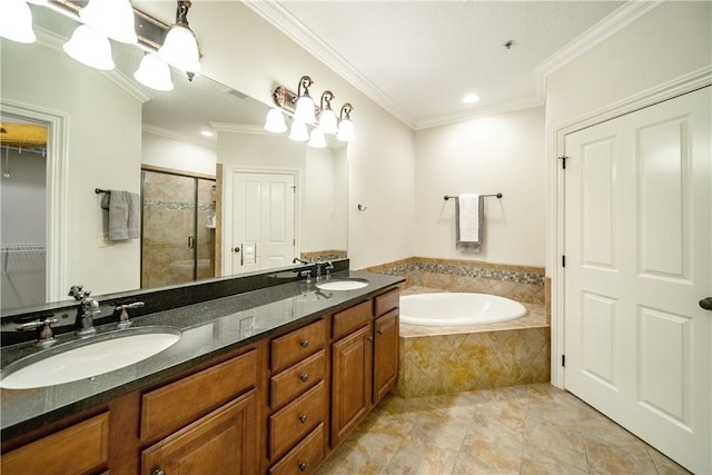 bathroom featuring tile patterned floors, crown molding, vanity, and independent shower and bath