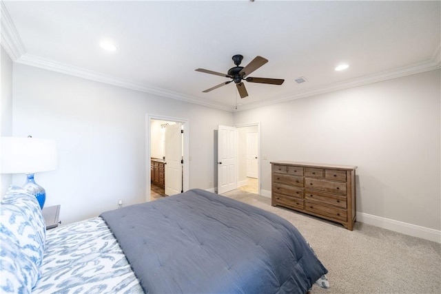 carpeted bedroom with ceiling fan and ornamental molding