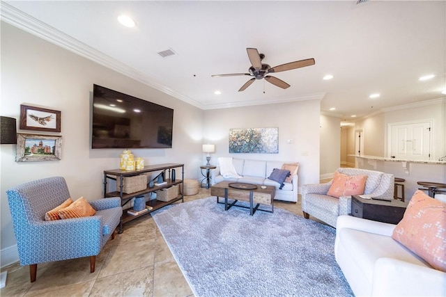 living room featuring crown molding, ceiling fan, and light tile patterned flooring