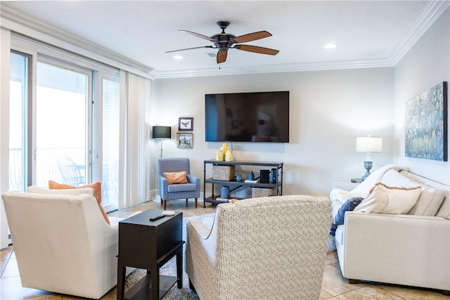 tiled living room featuring crown molding and ceiling fan