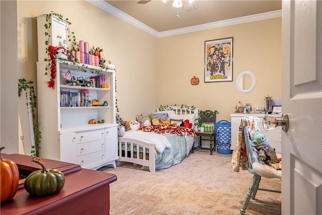 bedroom featuring ceiling fan, light colored carpet, and ornamental molding