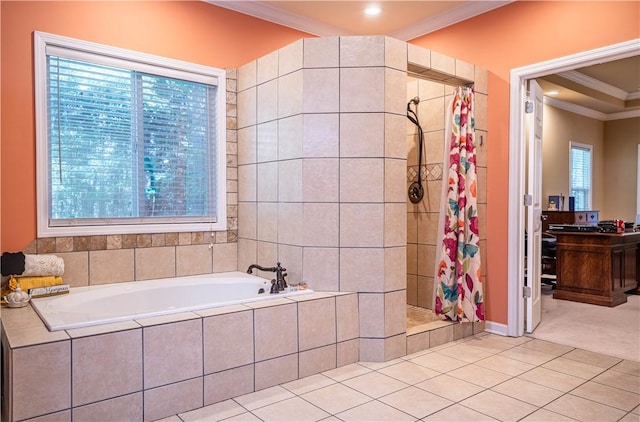 1165 Monk St, Valley, AL 36854 - bathroom featuring ornamental molding, a stall shower, a garden tub, tile patterned floors, and plenty of natural light