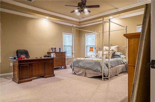 bedroom featuring ceiling fan, light colored carpet, and crown molding