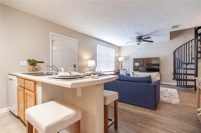 303 N Ross Ave Unit 215, Auburn, AL 36830 - kitchen with ceiling fan, dishwasher, a kitchen bar, light countertops, and a textured ceiling