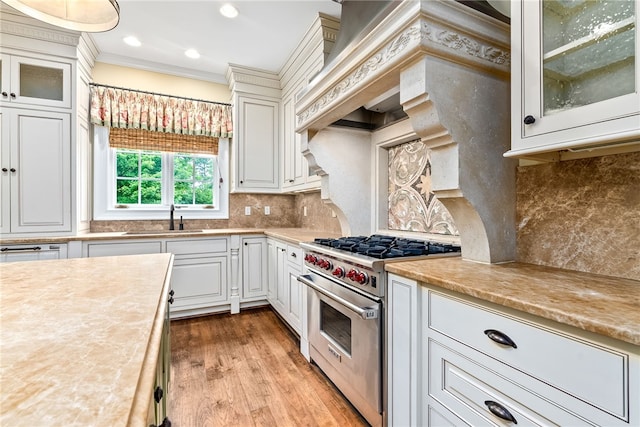 1601 Tanyard Rd, Lanett, AL 36863 - kitchen with premium stove, light countertops, crown molding, light wood-style floors, and white cabinets