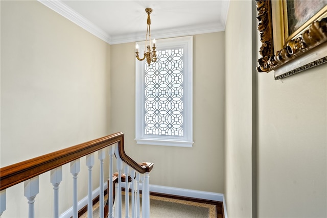1601 Tanyard Rd, Lanett, AL 36863 - stairway featuring a chandelier and crown molding