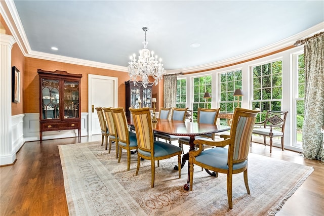 1601 Tanyard Rd, Lanett, AL 36863 - dining space featuring a chandelier, ornamental molding, dark wood finished floors, a wainscoted wall, and recessed lighting