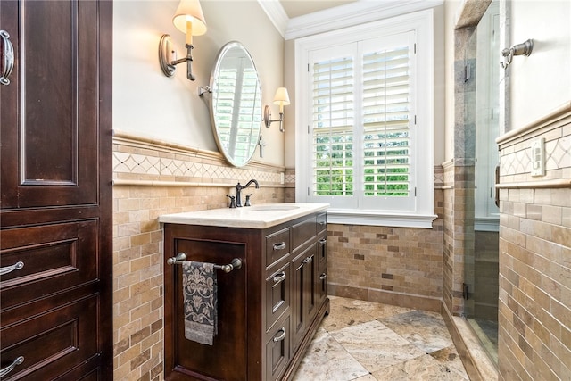 1601 Tanyard Rd, Lanett, AL 36863 - full bath with tile walls, crown molding, vanity, wainscoting, and a shower
