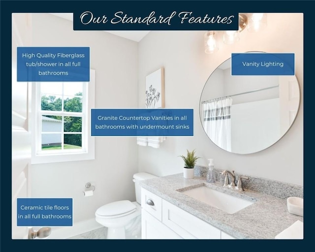 bathroom featuring vanity, a shower with shower curtain, and toilet