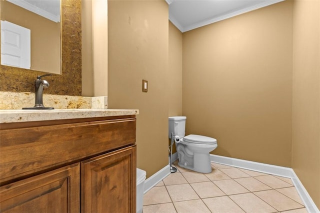 half bath featuring ornamental molding, tile patterned flooring, baseboards, and toilet