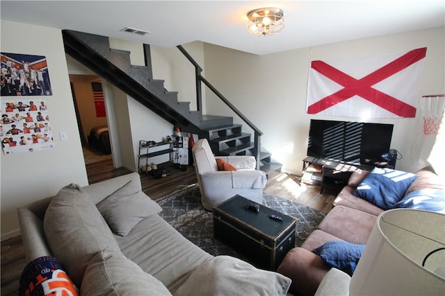 living room with dark hardwood / wood-style floors