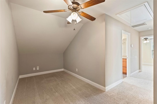 2514 Churchill Cir, Auburn, AL 36832 - bonus room featuring attic access, carpet flooring, a ceiling fan, vaulted ceiling, and baseboards