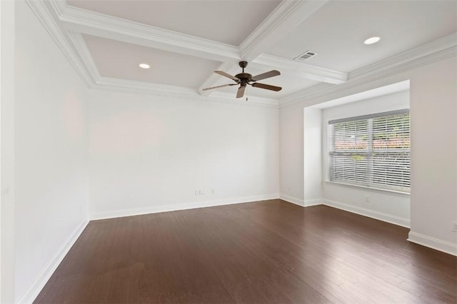 2514 Churchill Cir, Auburn, AL 36832 - unfurnished room with coffered ceiling, beamed ceiling, ceiling fan, dark wood-type flooring, and ornamental molding