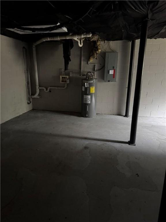 basement with electric panel and water heater