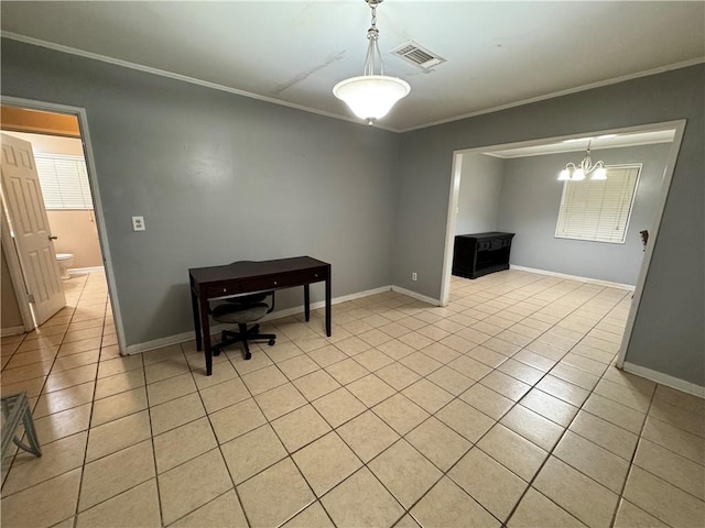 interior space with crown molding, light tile patterned floors, and a chandelier