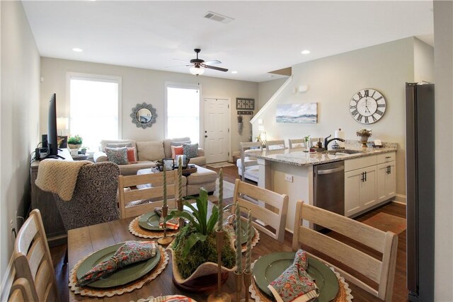 3855 Academy Dr Unit 402, Opelika, AL 36801 - dining space with a ceiling fan, dark wood-style floors, and recessed lighting