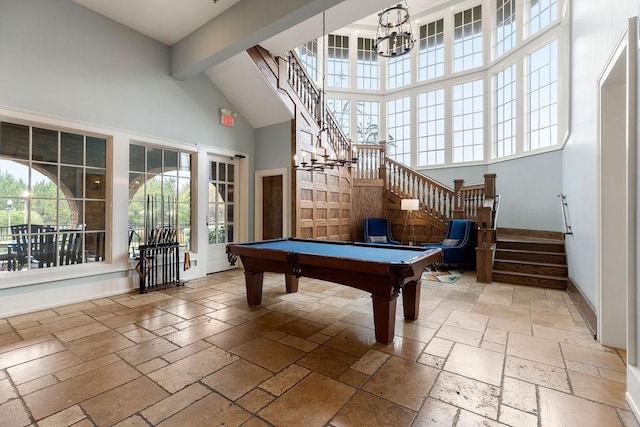 650 Dekalb St Unit 4302, Auburn, AL 38630 - playroom featuring high vaulted ceiling, stone tile floors, healthy amount of natural light, pool table, and a chandelier