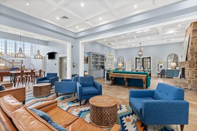 650 Dekalb St Unit 4302, Auburn, AL 38630 - community lobby featuring coffered ceiling, a high ceiling, beam ceiling, and recessed lighting