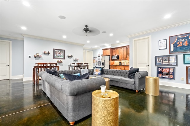 1794 Covington Rdg Unit 402, Auburn, AL 36830 - living area with recessed lighting, ceiling fan, finished concrete flooring, and crown molding