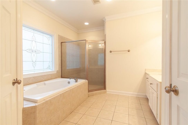 bathroom featuring tile patterned flooring, vanity, crown molding, and plus walk in shower