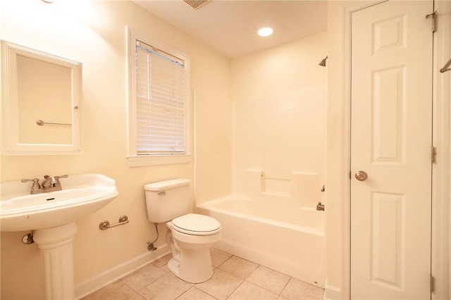 full bathroom with tile patterned flooring, shower / tub combination, toilet, and sink