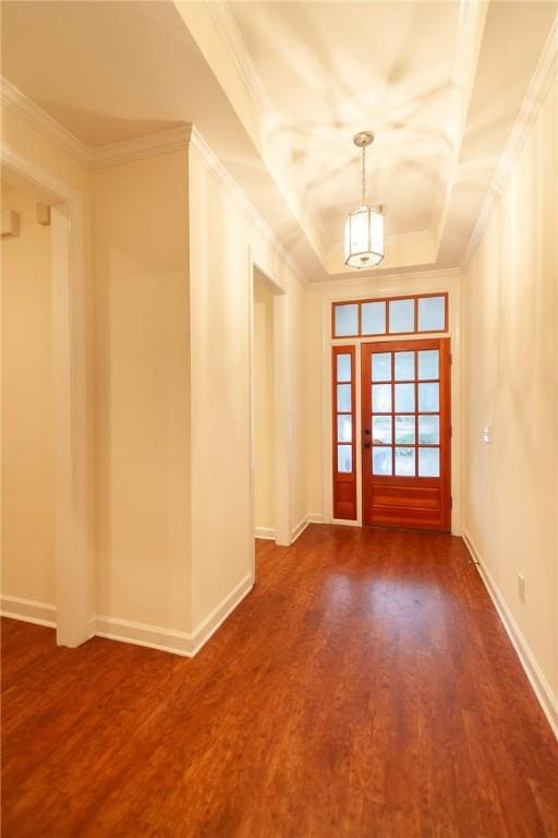 doorway with wood-type flooring, a raised ceiling, and crown molding