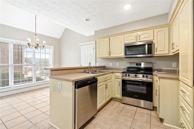 kitchen featuring stainless steel appliances, sink, pendant lighting, and kitchen peninsula