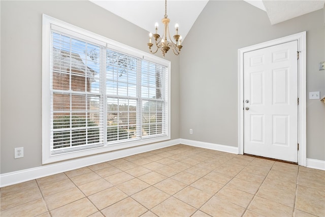 unfurnished dining area featuring vaulted ceiling, light tile patterned floors, and a notable chandelier