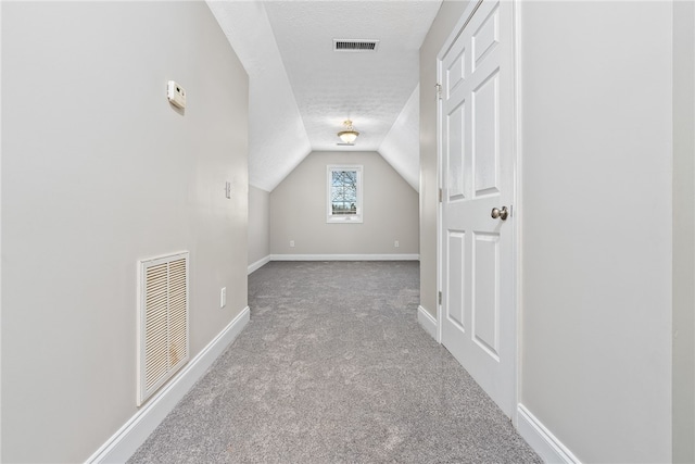 additional living space with light colored carpet, lofted ceiling, and a textured ceiling