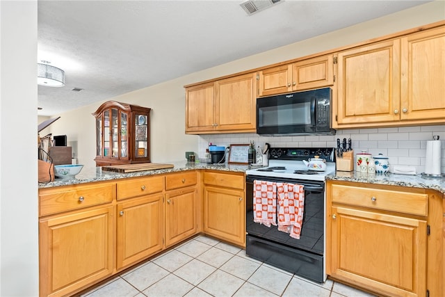 kitchen with range with electric cooktop, light stone countertops, kitchen peninsula, decorative backsplash, and light tile patterned floors