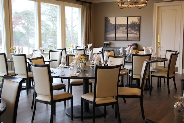 dining space with a healthy amount of sunlight, a chandelier, and wood finished floors