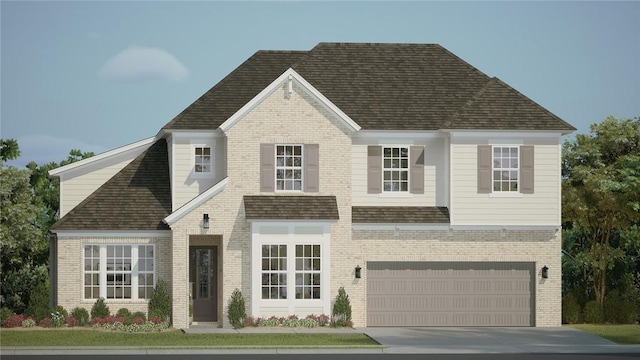 view of front of house with brick siding, concrete driveway, a garage, and roof with shingles
