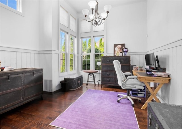 197 Westover St, Auburn, AL 36832 - office featuring healthy amount of natural light, a chandelier, a wainscoted wall, hardwood / wood-style floors, and a high ceiling