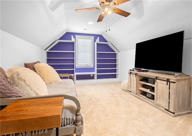 197 Westover St, Auburn, AL 36832 - living area with ceiling fan, carpet floors, lofted ceiling, and built in shelves