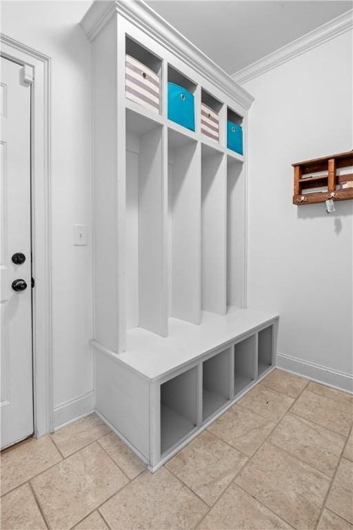 197 Westover St, Auburn, AL 36832 - mudroom featuring crown molding, baseboards, and light stone finish floors