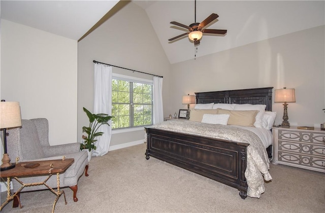2046 Stephanie Ct, Auburn, AL 36830 - bedroom featuring high vaulted ceiling, carpet flooring, ceiling fan, and baseboards