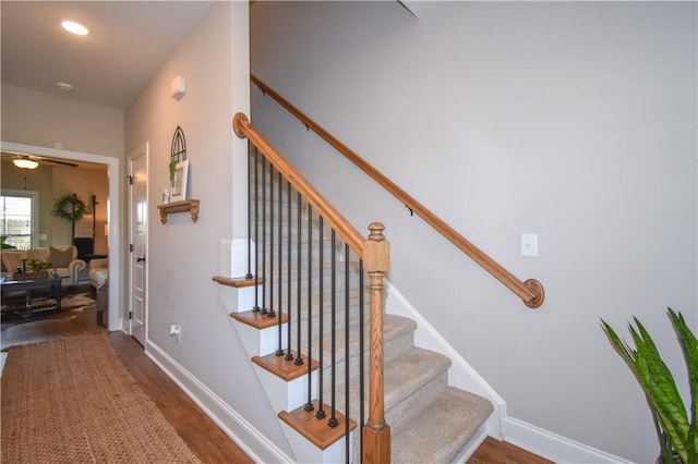 2046 Stephanie Ct, Auburn, AL 36830 - stairway featuring wood finished floors, baseboards, and a ceiling fan