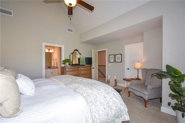 2046 Stephanie Ct, Auburn, AL 36830 - bedroom with light carpet, high vaulted ceiling, baseboards, and ensuite bath