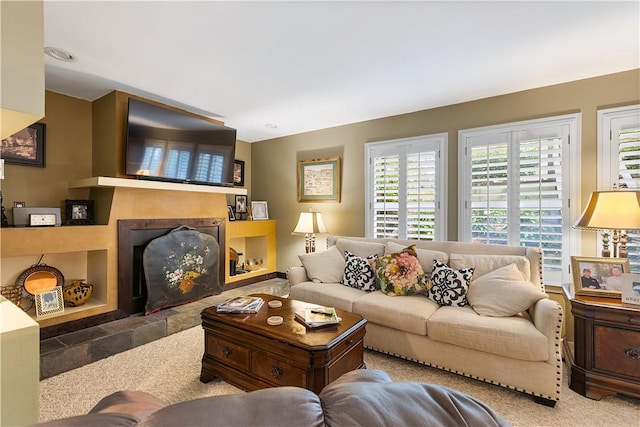 living room featuring light colored carpet