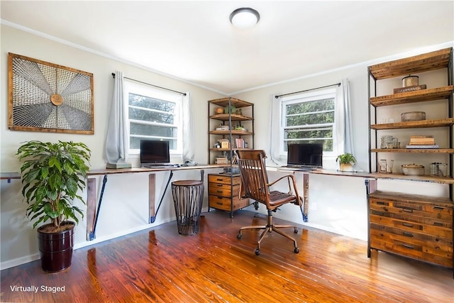 office area with ornamental molding and hardwood / wood-style floors