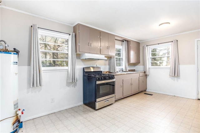 kitchen featuring crown molding, stainless steel gas range, and water heater