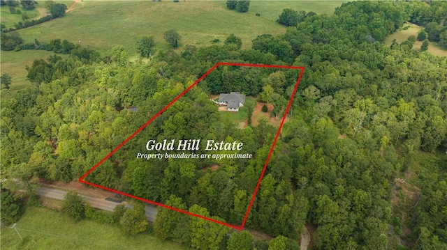 bird's eye view with a wooded view and a rural view