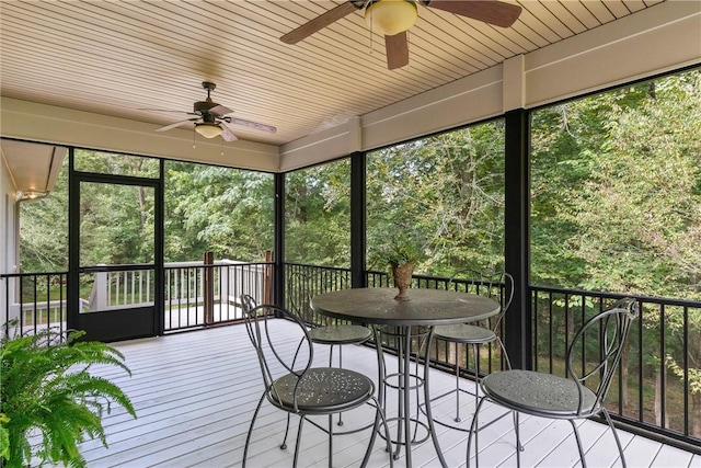 sunroom / solarium featuring outdoor dining space and ceiling fan