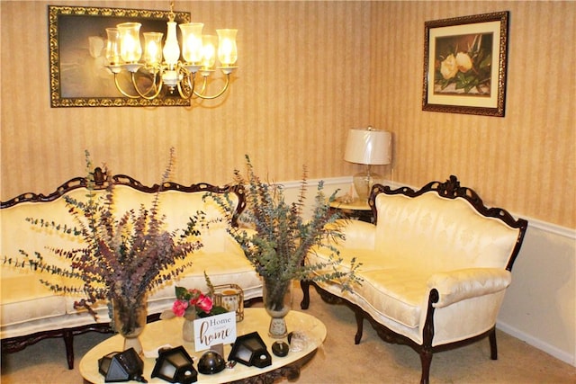 26 Arrowhead Rd, Phenix City, AL 36869 - living area with a chandelier, wallpapered walls, baseboards, and carpet floors