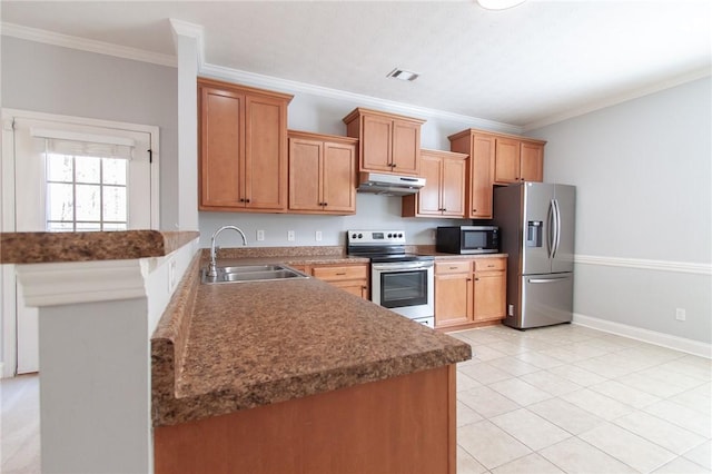 kitchen featuring a sink, appliances with stainless steel finishes, ornamental molding, and under cabinet range hood