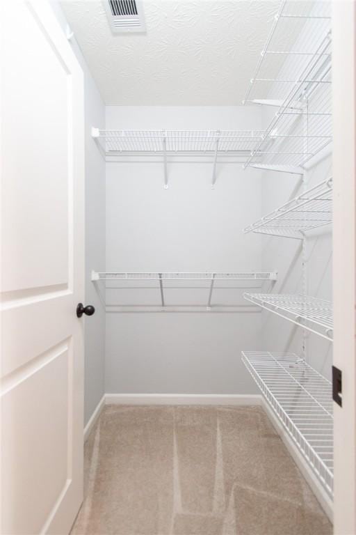 spacious closet featuring light carpet and visible vents