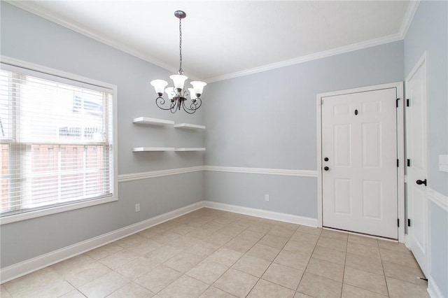 unfurnished dining area with light tile patterned floors, baseboards, a notable chandelier, and crown molding