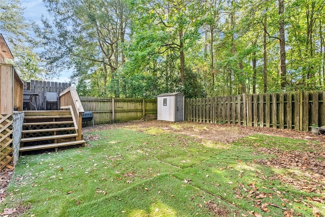 view of yard with a shed and a deck