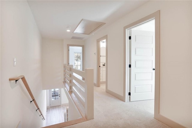 305 Northgate Blvd, Auburn, AL 36830 - hallway featuring an upstairs landing, attic access, light carpet, recessed lighting, and baseboards